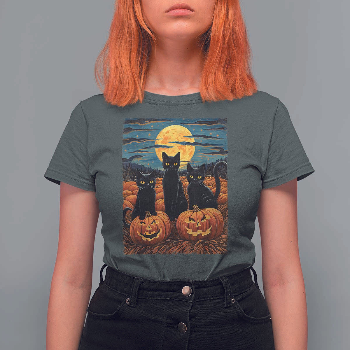 Black Cat Halloween T Shirt For Women Starry Night Van Gogh Inspo - Wonder Print Shop