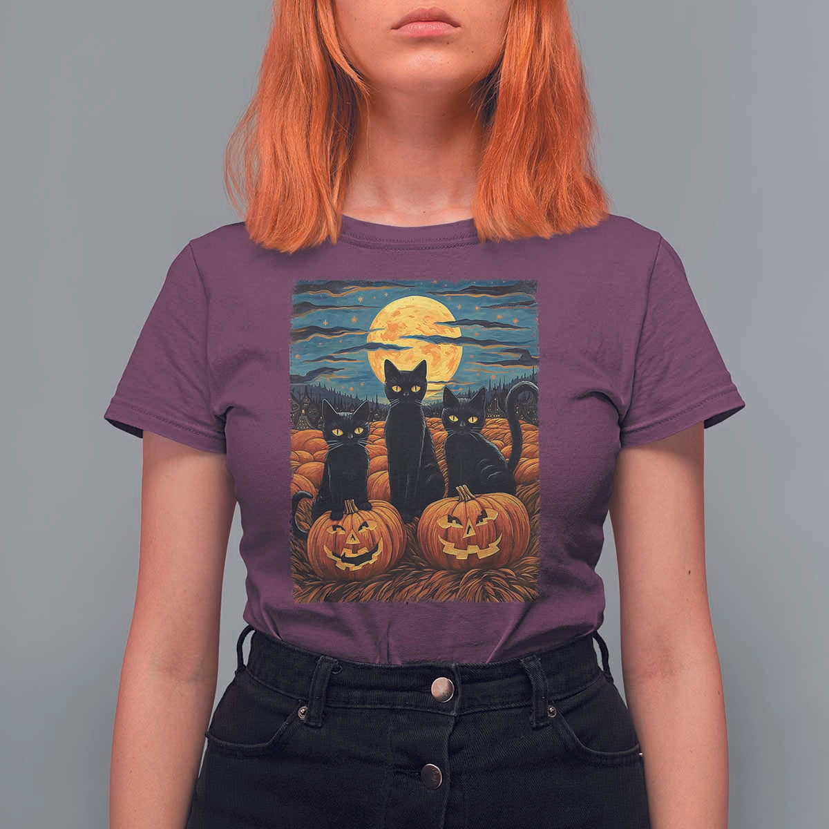 Black Cat Halloween T Shirt For Women Starry Night Van Gogh Inspo - Wonder Print Shop