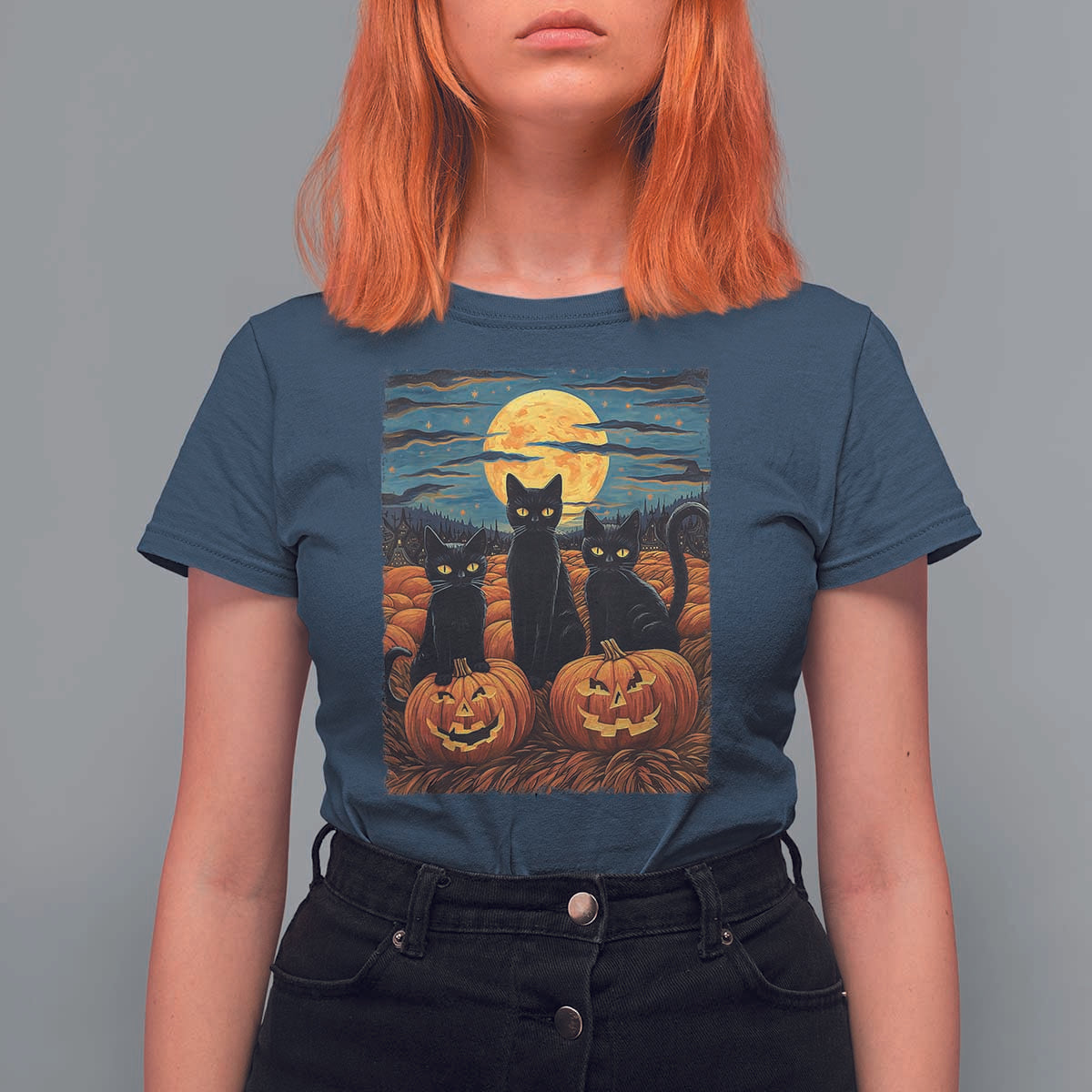 Black Cat Halloween T Shirt For Women Starry Night Van Gogh Inspo - Wonder Print Shop