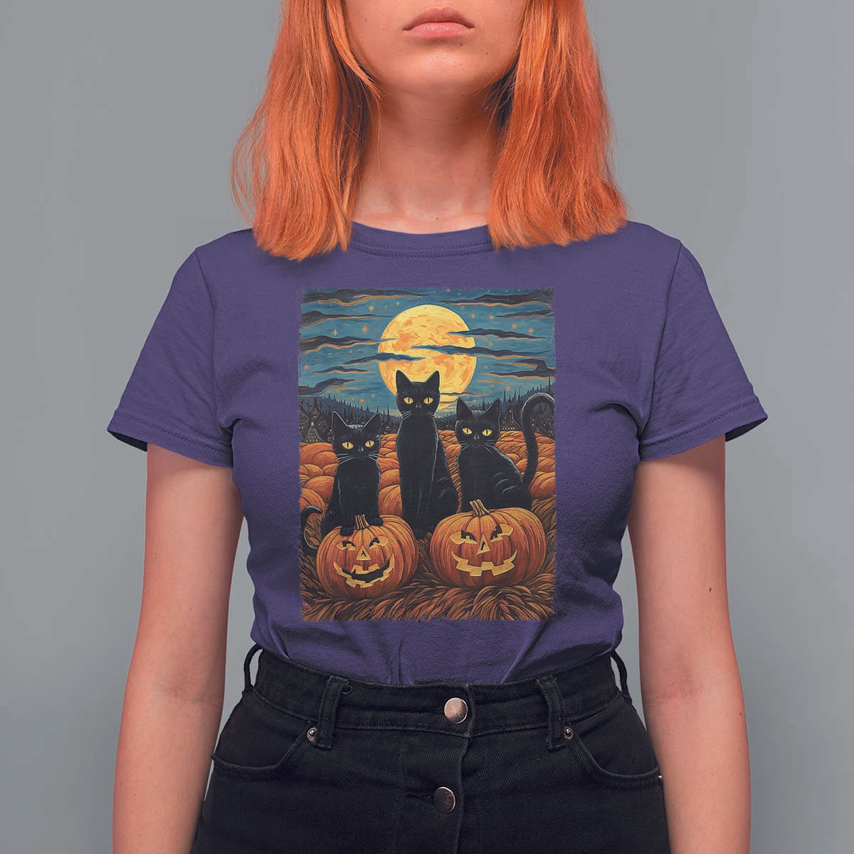 Black Cat Halloween T Shirt For Women Starry Night Van Gogh Inspo - Wonder Print Shop