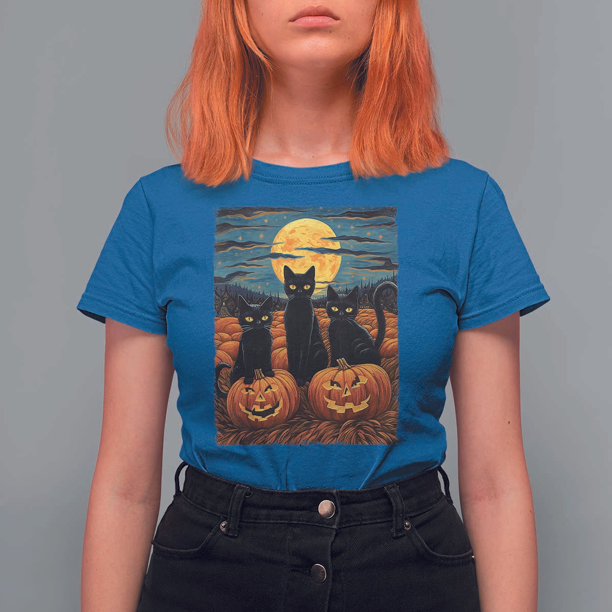 Black Cat Halloween T Shirt For Women Starry Night Van Gogh Inspo - Wonder Print Shop