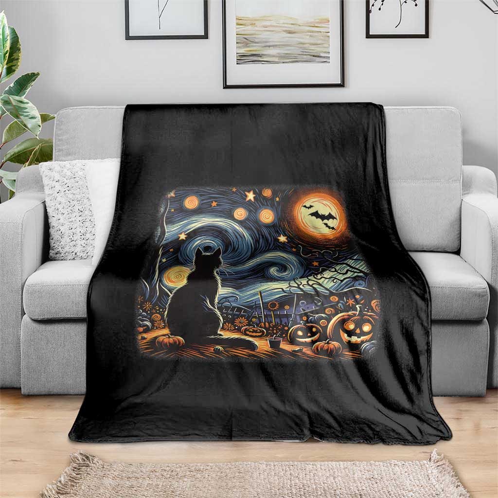 Black Cat Halloween Throw Blanket Starry Night Lover Van Gogh Inspo - Wonder Print Shop