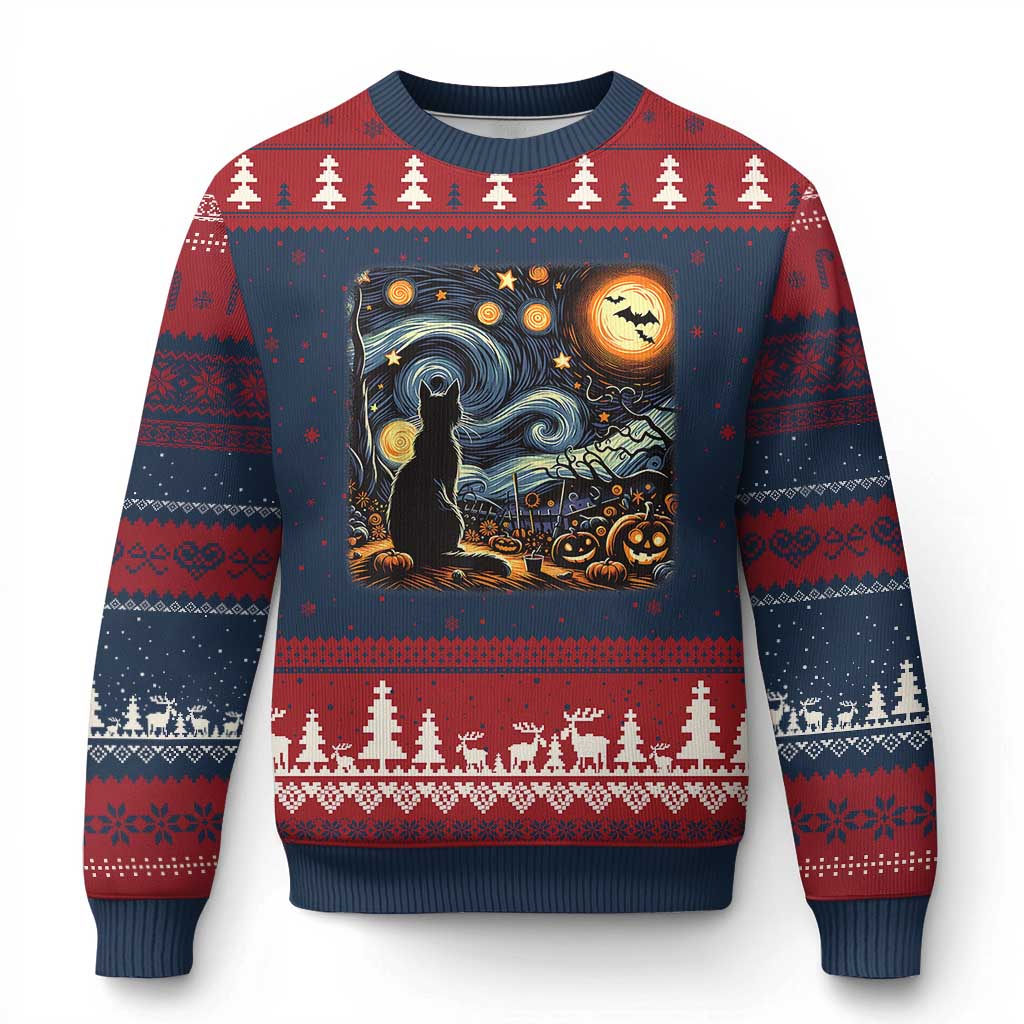 Black Cat Halloween Ugly Christmas Sweater Starry Night Lover Van Gogh Inspo - Wonder Print Shop