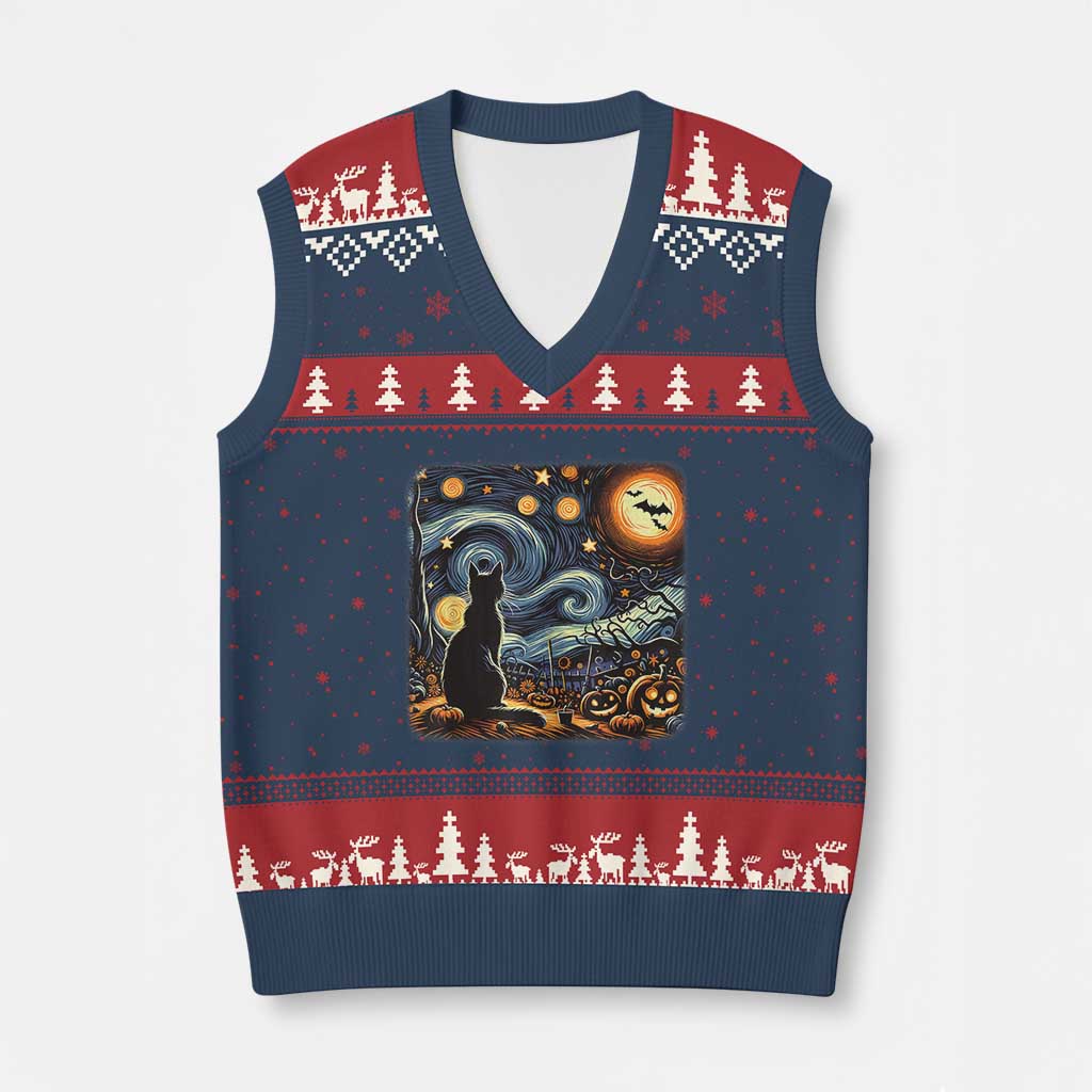 Black Cat Halloween V-Neck Knit Sweater Vest Starry Night Lover Van Gogh Inspo - Wonder Print Shop