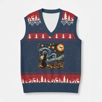 Black Cat Halloween V-Neck Knit Sweater Vest Starry Night Lover Van Gogh Inspo - Wonder Print Shop