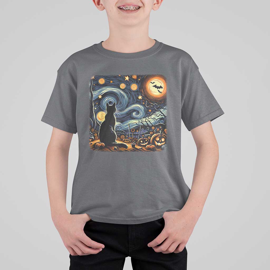 Black Cat Halloween T Shirt For Kid Starry Night Lover Van Gogh Inspo - Wonder Print Shop