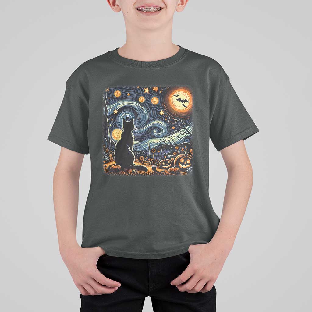 Black Cat Halloween T Shirt For Kid Starry Night Lover Van Gogh Inspo - Wonder Print Shop