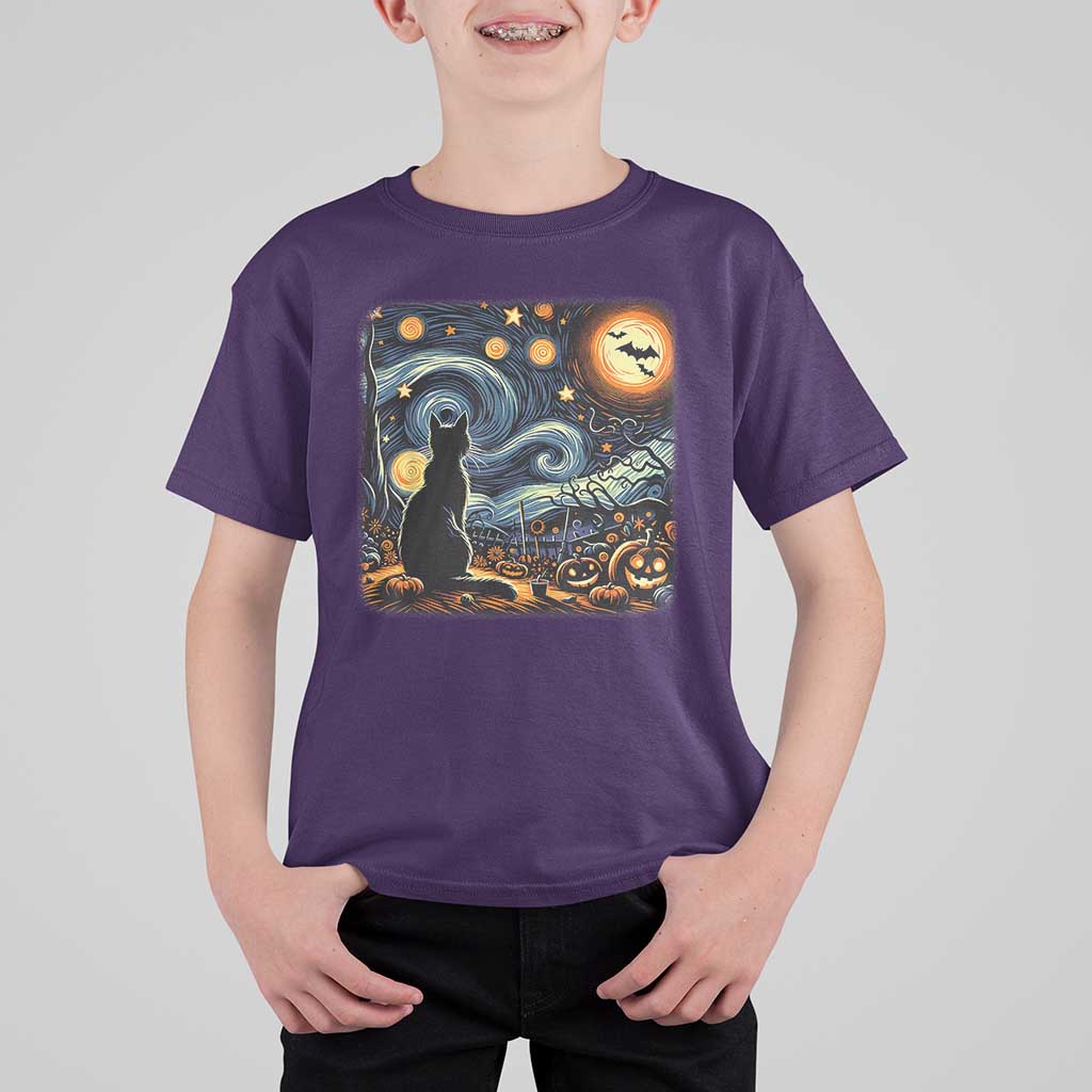 Black Cat Halloween T Shirt For Kid Starry Night Lover Van Gogh Inspo - Wonder Print Shop