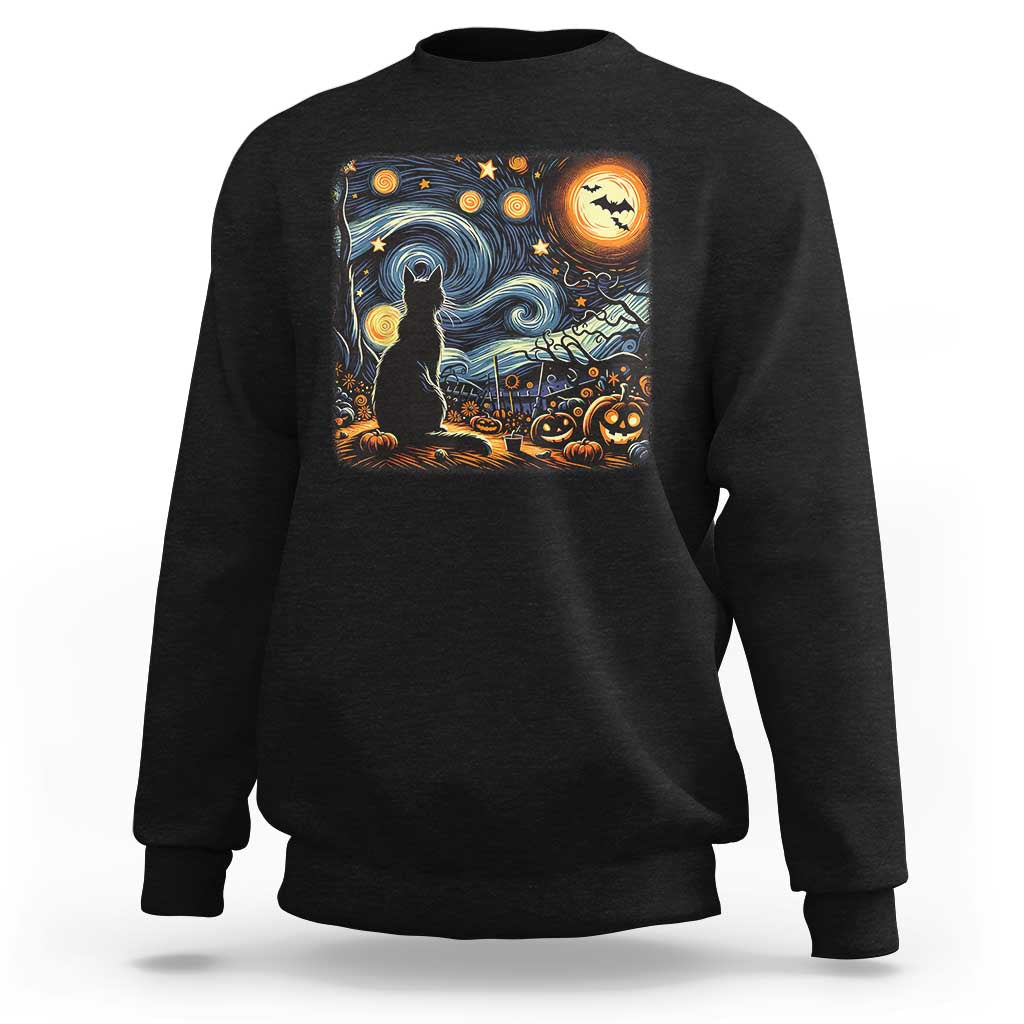 Black Cat Halloween Sweatshirt Starry Night Lover Van Gogh Inspo - Wonder Print Shop