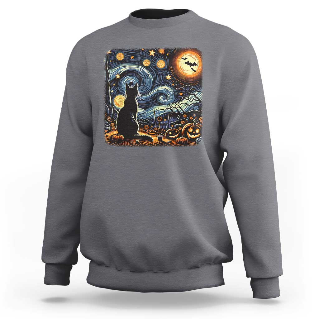 Black Cat Halloween Sweatshirt Starry Night Lover Van Gogh Inspo - Wonder Print Shop
