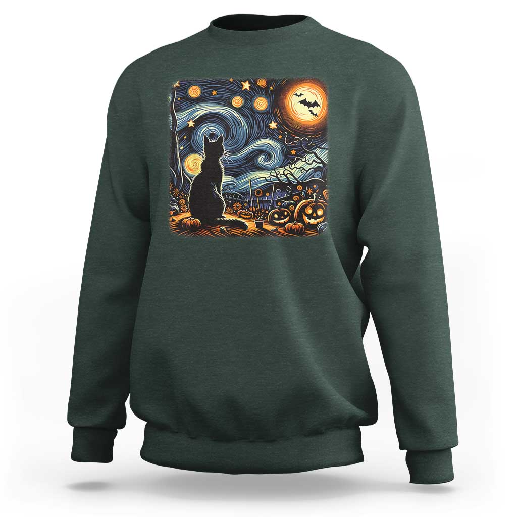 Black Cat Halloween Sweatshirt Starry Night Lover Van Gogh Inspo - Wonder Print Shop