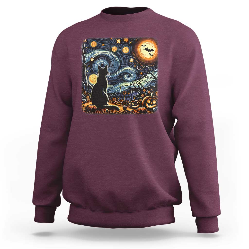 Black Cat Halloween Sweatshirt Starry Night Lover Van Gogh Inspo - Wonder Print Shop