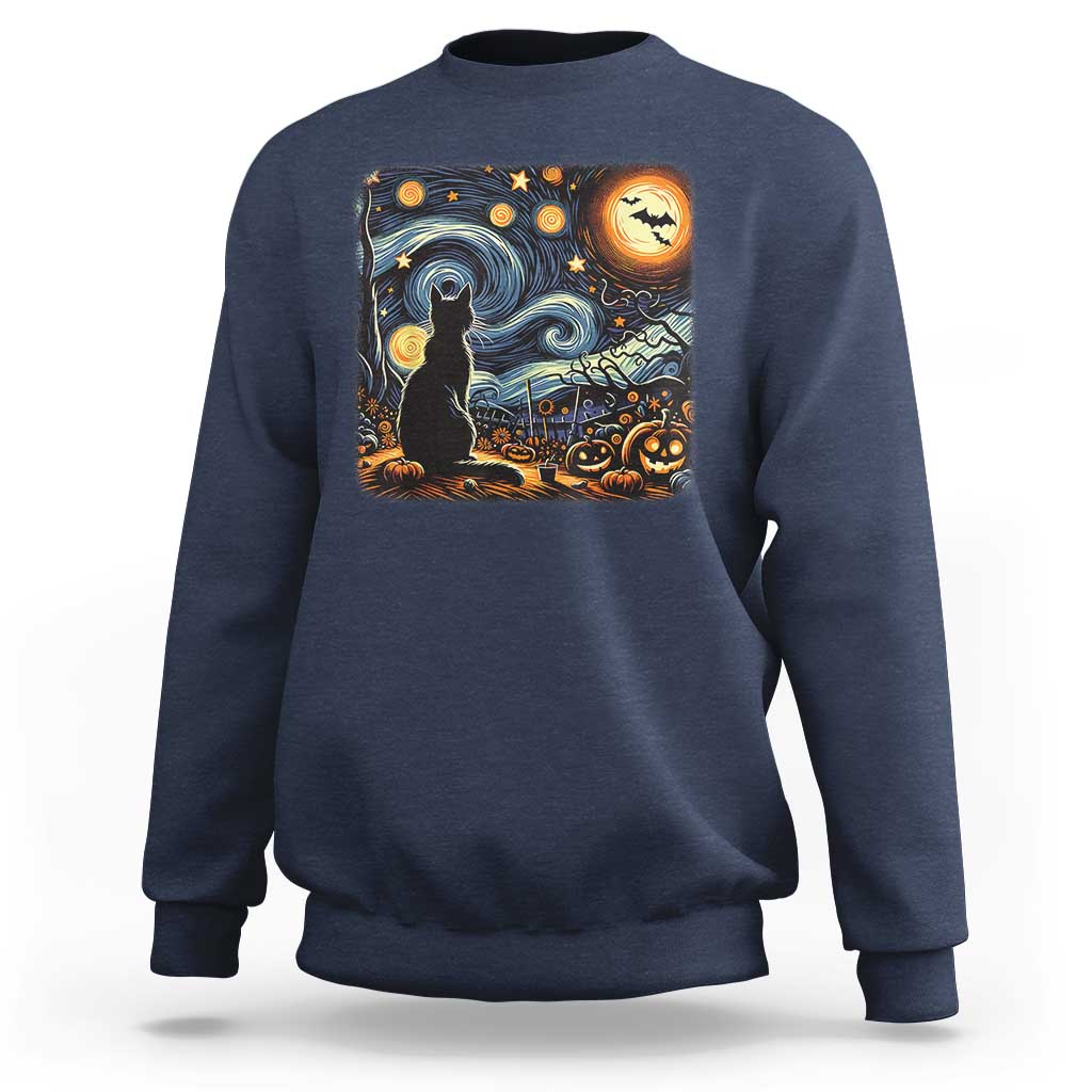 Black Cat Halloween Sweatshirt Starry Night Lover Van Gogh Inspo - Wonder Print Shop
