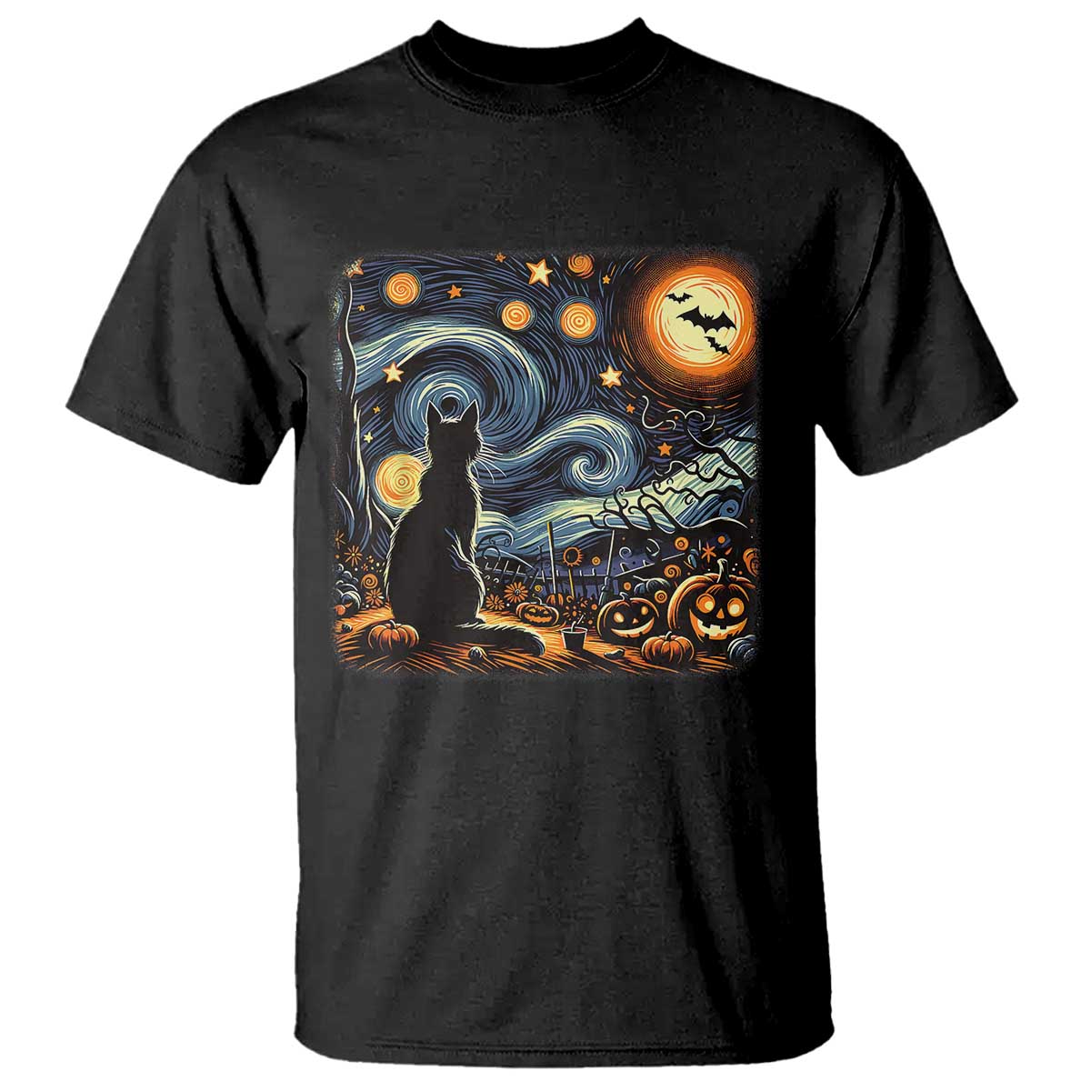 Black Cat Halloween T Shirt Starry Night Lover Van Gogh Inspo - Wonder Print Shop