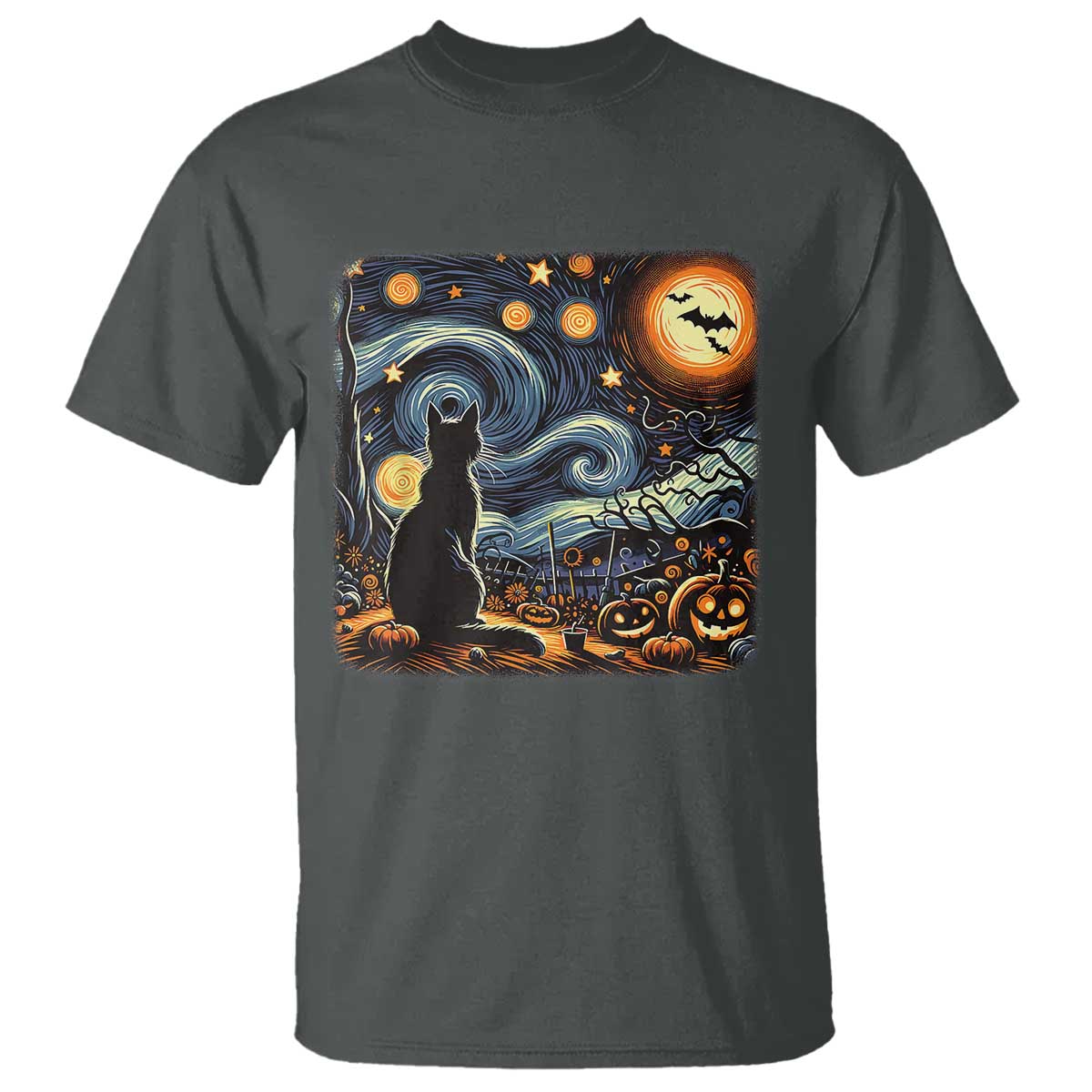 Black Cat Halloween T Shirt Starry Night Lover Van Gogh Inspo - Wonder Print Shop