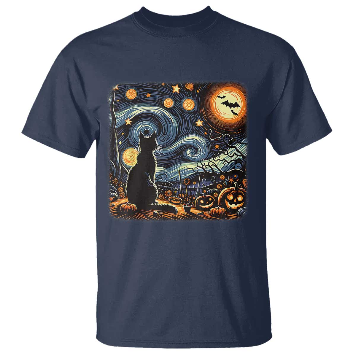 Black Cat Halloween T Shirt Starry Night Lover Van Gogh Inspo - Wonder Print Shop