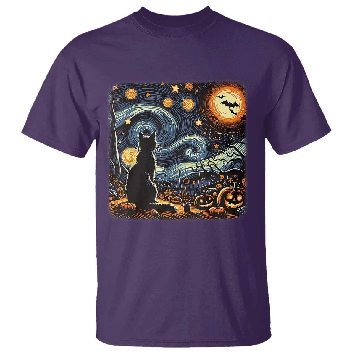 Black Cat Halloween T Shirt Starry Night Lover Van Gogh Inspo - Wonder Print Shop