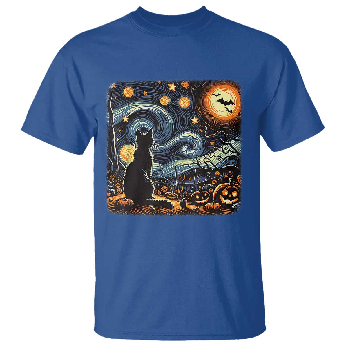 Black Cat Halloween T Shirt Starry Night Lover Van Gogh Inspo - Wonder Print Shop