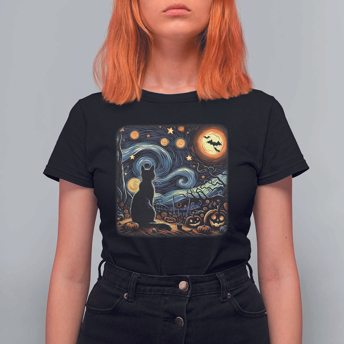 Black Cat Halloween T Shirt For Women Starry Night Lover Van Gogh Inspo - Wonder Print Shop
