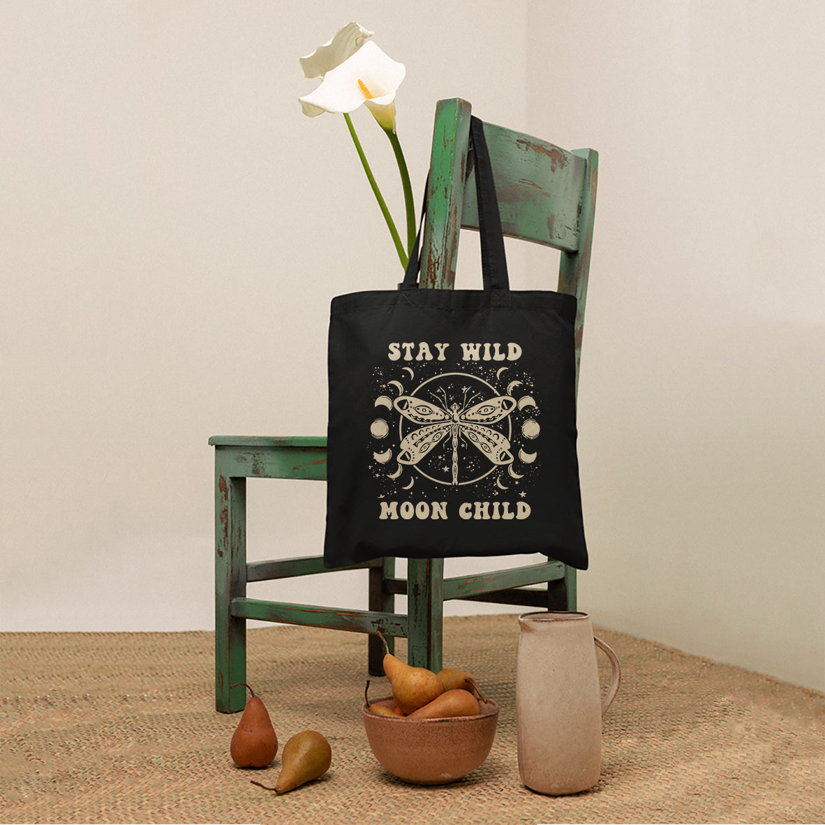 Stay Wild Moon Child Celestial Aesthetic Dragonfly Mystical Moon Phrases Tote Bag, Dragonfly Tote Bag, Boho Gift for Women Tote Bag - Wonder Print Shop