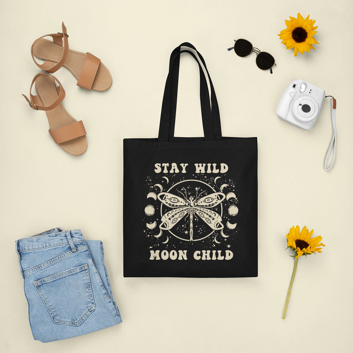 Stay Wild Moon Child Celestial Aesthetic Dragonfly Mystical Moon Phrases Tote Bag, Dragonfly Tote Bag, Boho Gift for Women Tote Bag - Wonder Print Shop