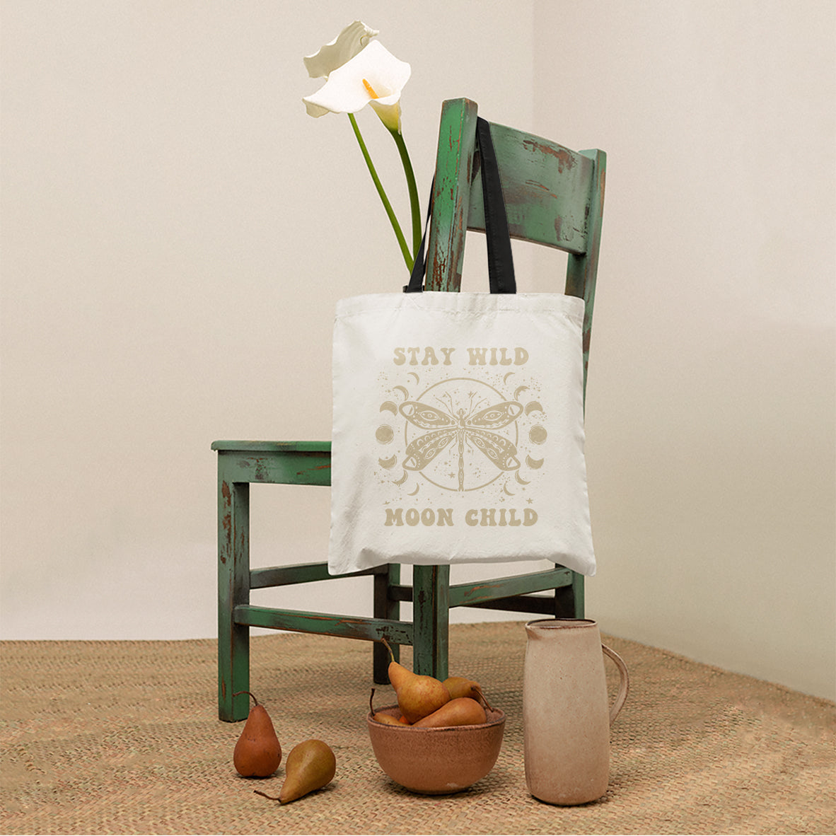 Stay Wild Moon Child Celestial Aesthetic Dragonfly Mystical Moon Phrases Tote Bag, Dragonfly Tote Bag, Boho Gift for Women Tote Bag - Wonder Print Shop