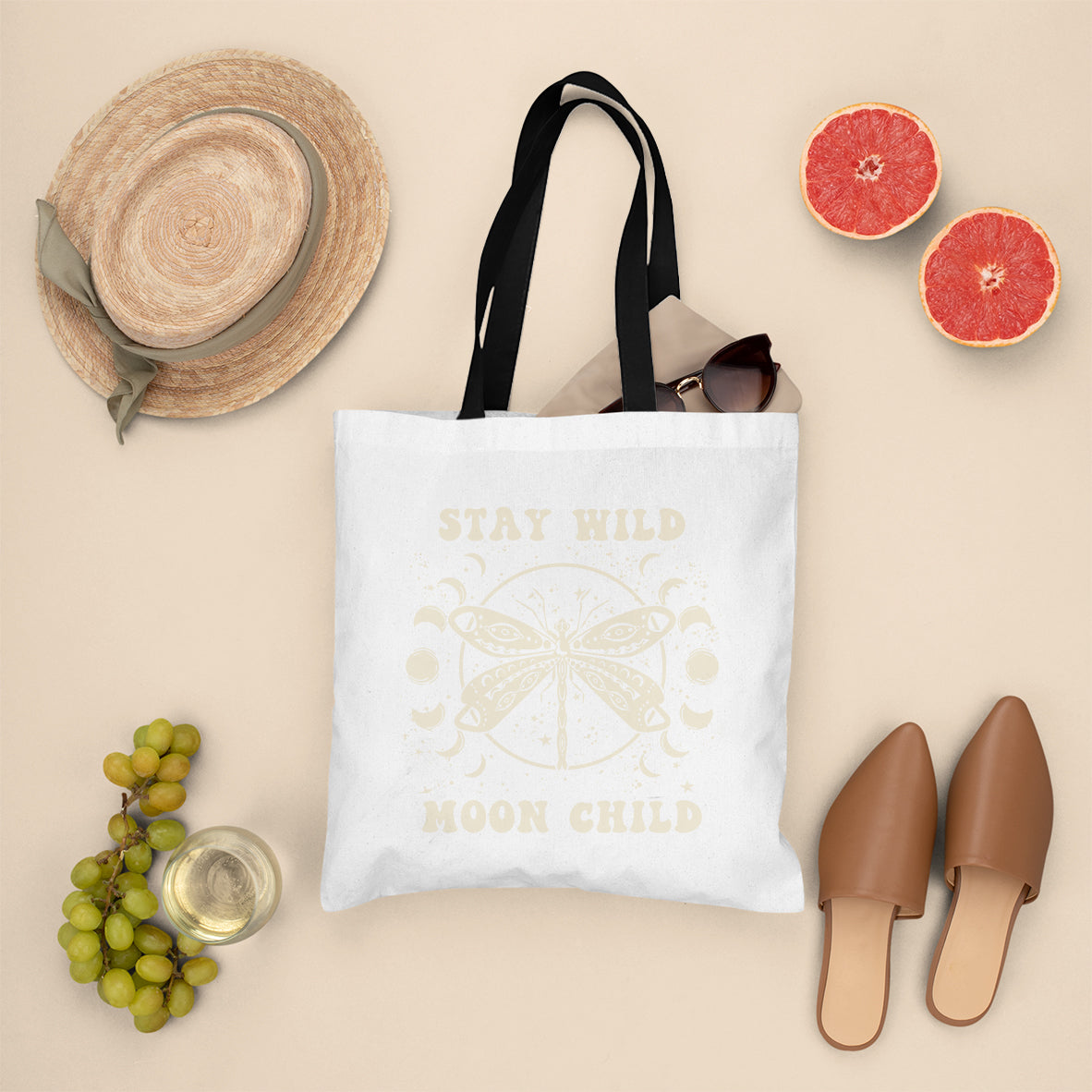 Stay Wild Moon Child Celestial Aesthetic Dragonfly Mystical Moon Phrases Tote Bag, Dragonfly Tote Bag, Boho Gift for Women Tote Bag - Wonder Print Shop