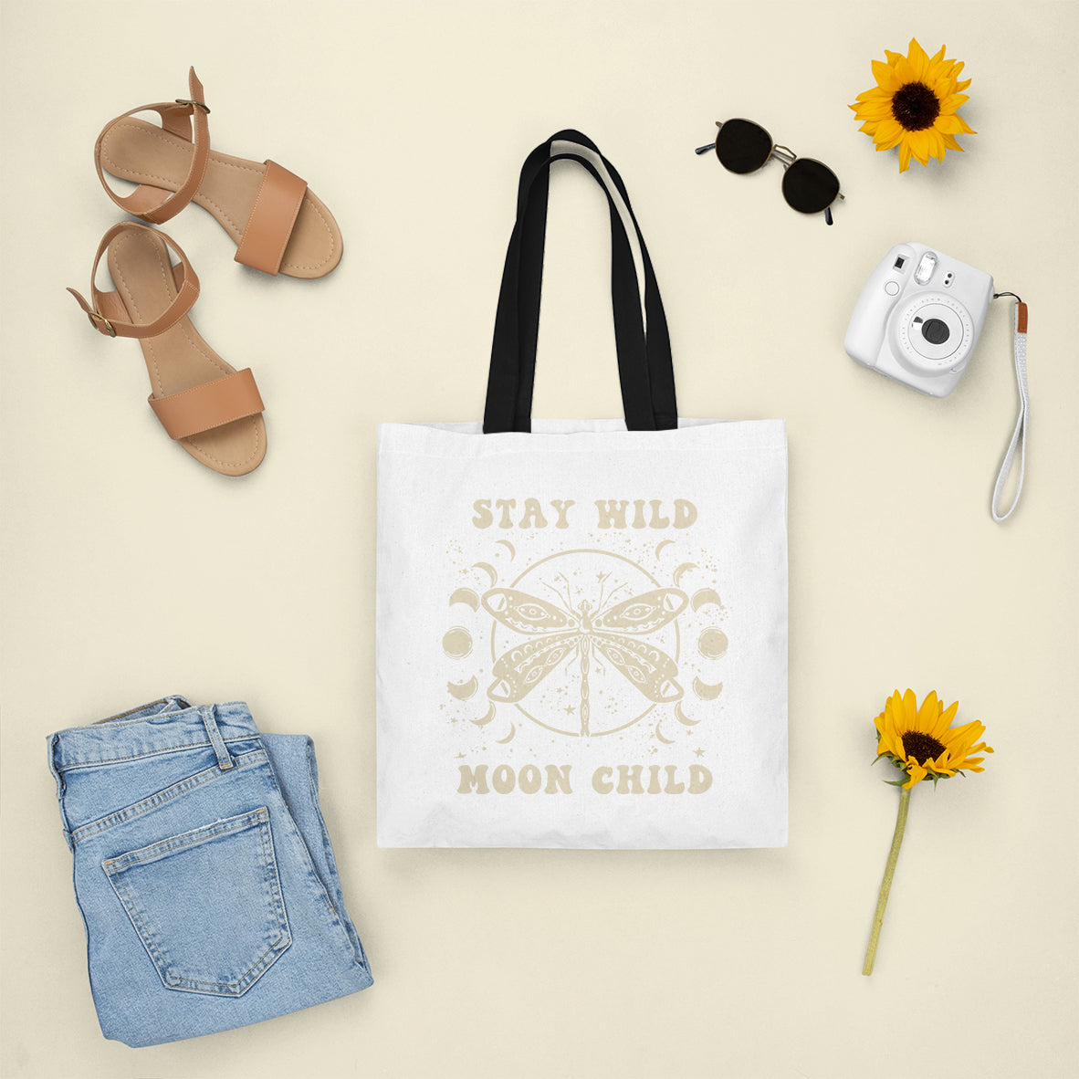Stay Wild Moon Child Celestial Aesthetic Dragonfly Mystical Moon Phrases Tote Bag, Dragonfly Tote Bag, Boho Gift for Women Tote Bag - Wonder Print Shop