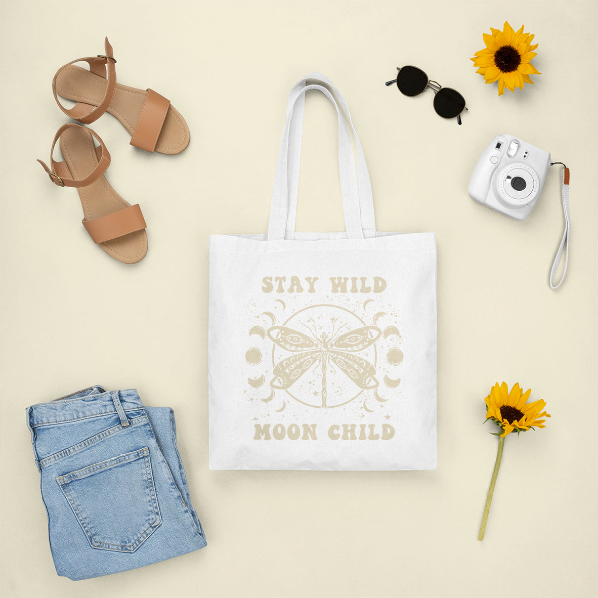 Stay Wild Moon Child Celestial Aesthetic Dragonfly Mystical Moon Phrases Tote Bag, Dragonfly Tote Bag, Boho Gift for Women Tote Bag - Wonder Print Shop
