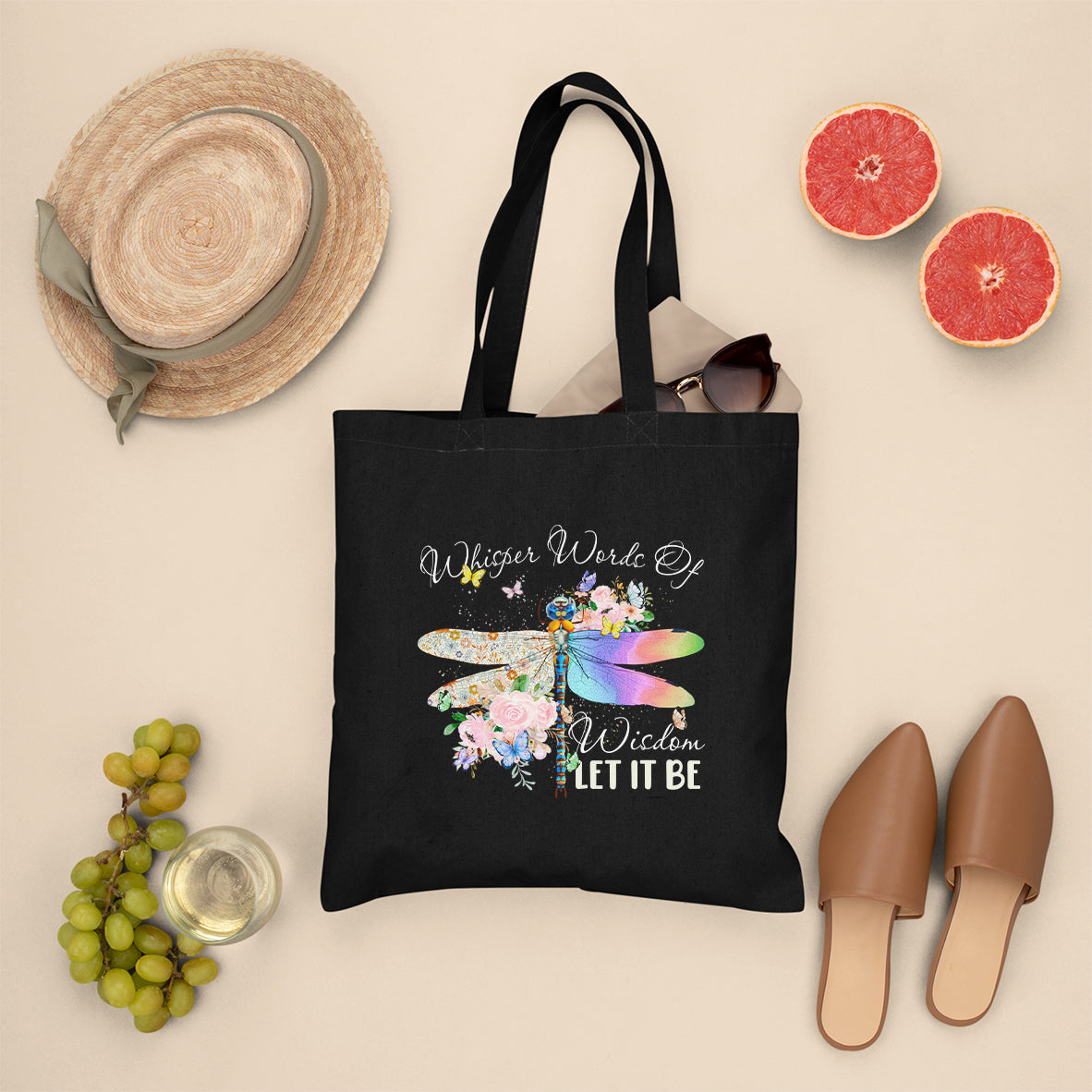 Whisper Words Of Wisdom Let It Be Floral Dragonflies Flowers Tote Bag, Dragonfly Tote Bag, Boho Gift for Women, Dragonfly Lover Tote Bag - Wonder Print Shop