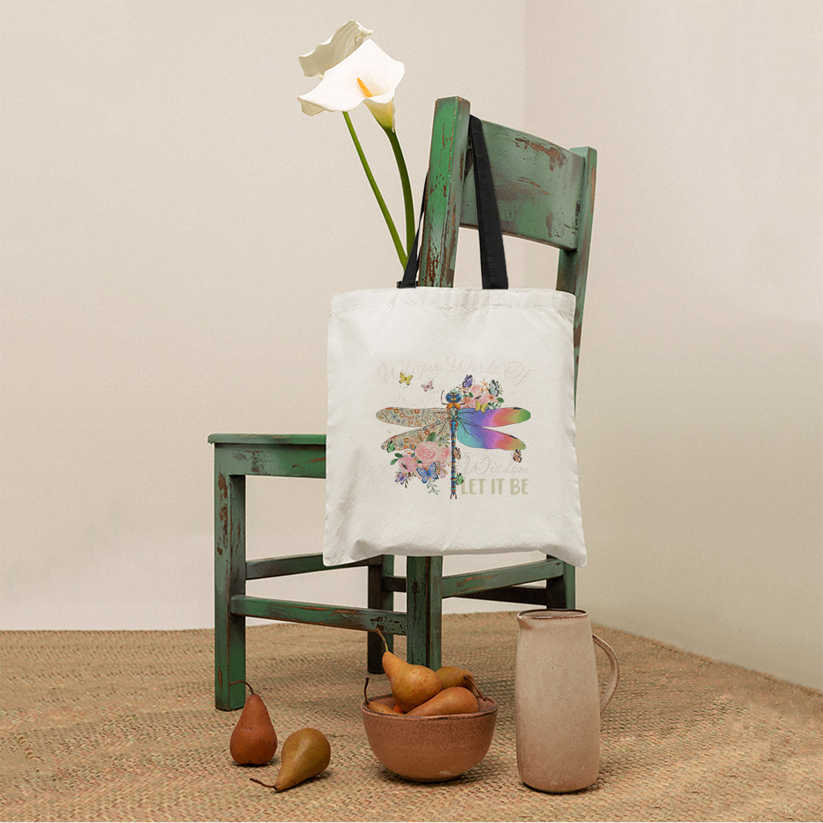 Whisper Words Of Wisdom Let It Be Floral Dragonflies Flowers Tote Bag, Dragonfly Tote Bag, Boho Gift for Women, Dragonfly Lover Tote Bag - Wonder Print Shop