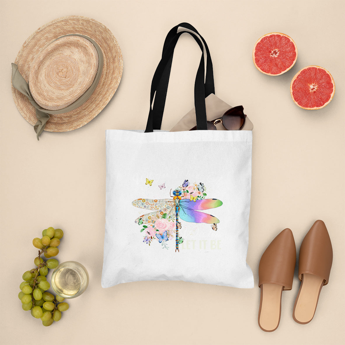 Whisper Words Of Wisdom Let It Be Floral Dragonflies Flowers Tote Bag, Dragonfly Tote Bag, Boho Gift for Women, Dragonfly Lover Tote Bag - Wonder Print Shop
