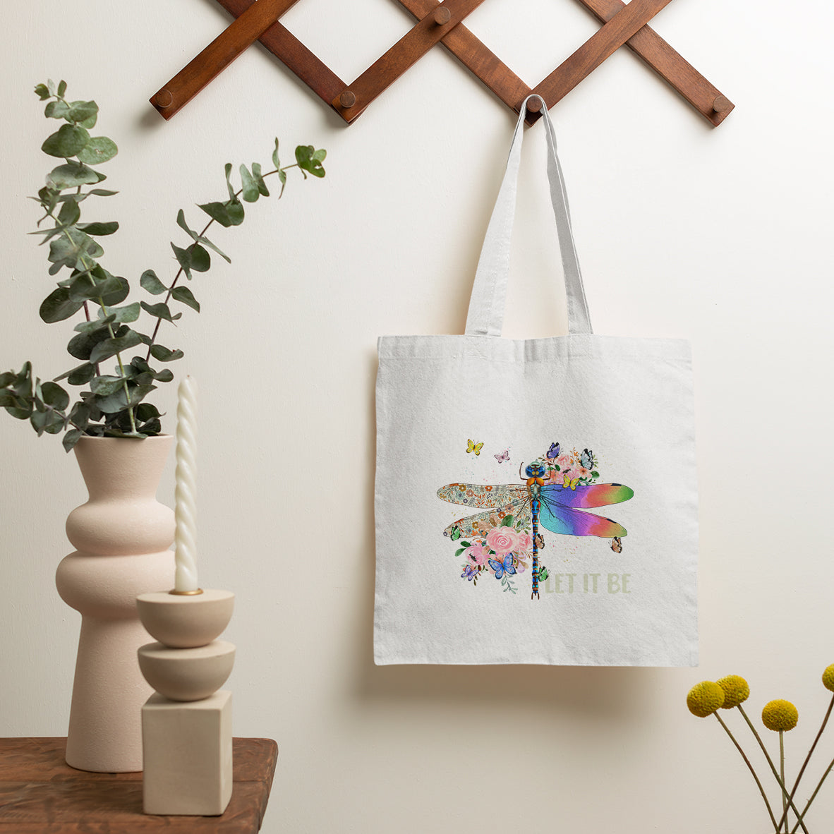 Whisper Words Of Wisdom Let It Be Floral Dragonflies Flowers Tote Bag, Dragonfly Tote Bag, Boho Gift for Women, Dragonfly Lover Tote Bag - Wonder Print Shop