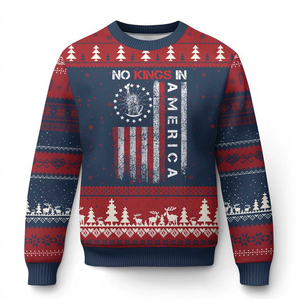 No Kings In America Ugly Christmas Sweater Retro Freedom American Betsy Ross Flag - Wonder Print Shop
