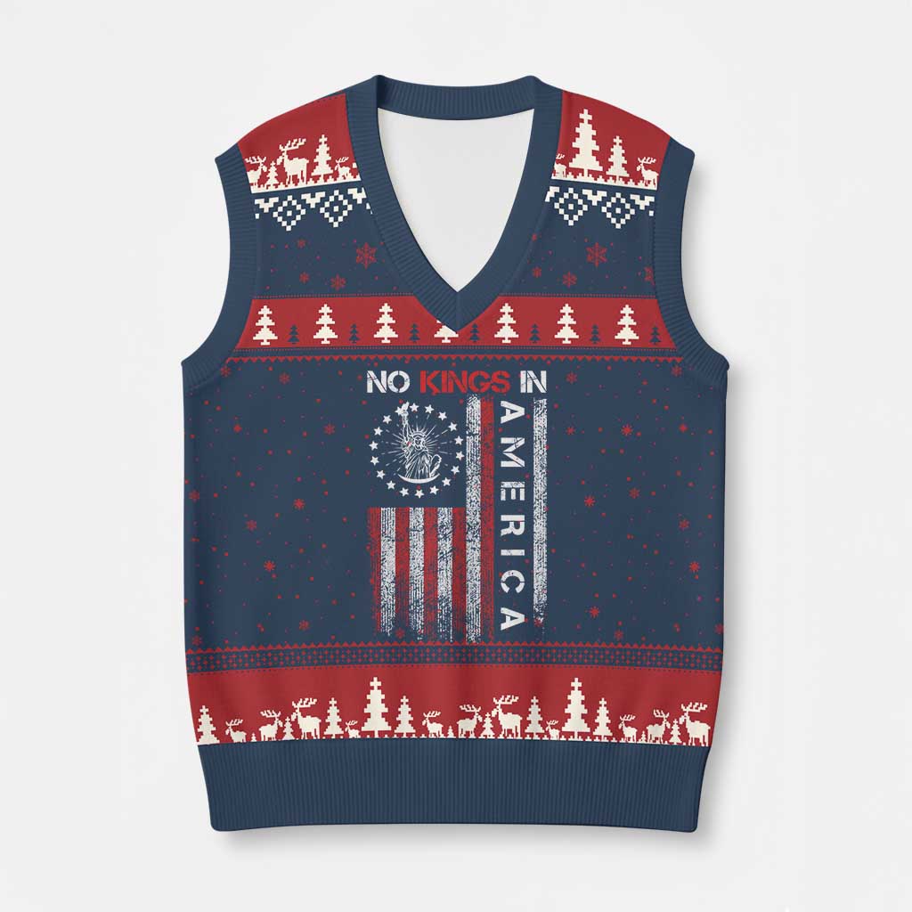 No Kings In America V-Neck Knit Sweater Vest Retro Freedom American Betsy Ross Flag - Wonder Print Shop