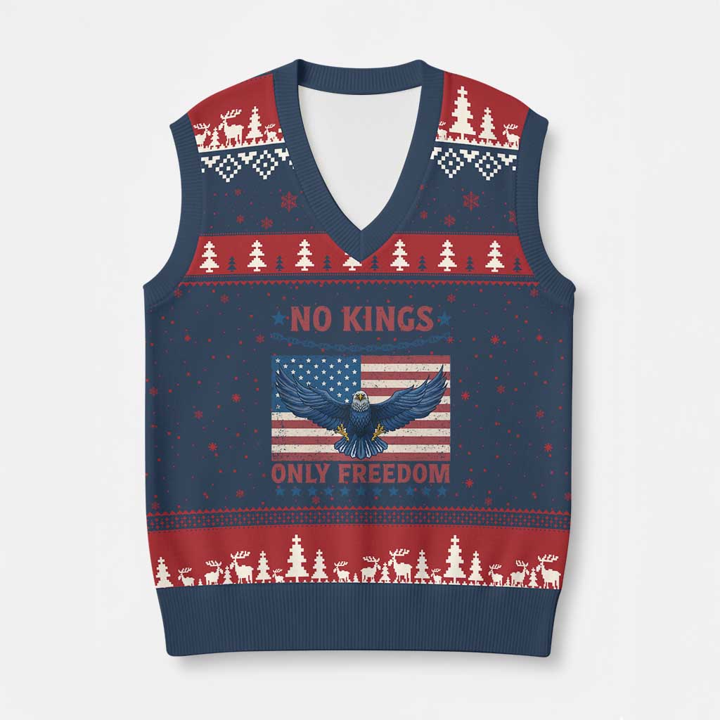No Kings Only Freedom V-Neck Knit Sweater Vest American Flag Bald Eagle Retro Vintage - Wonder Print Shop