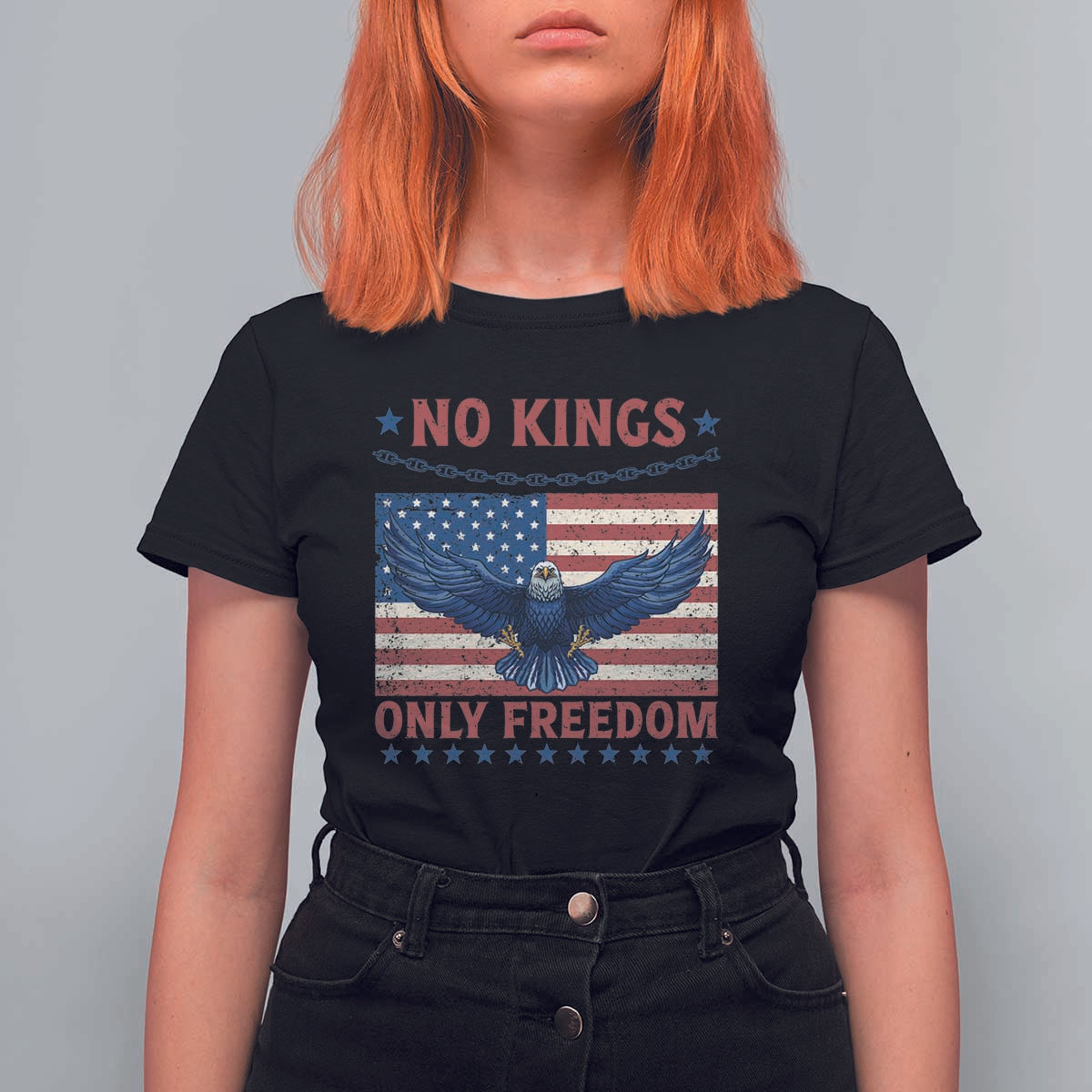 No Kings Only Freedom T Shirt For Women American Flag Bald Eagle Retro Vintage