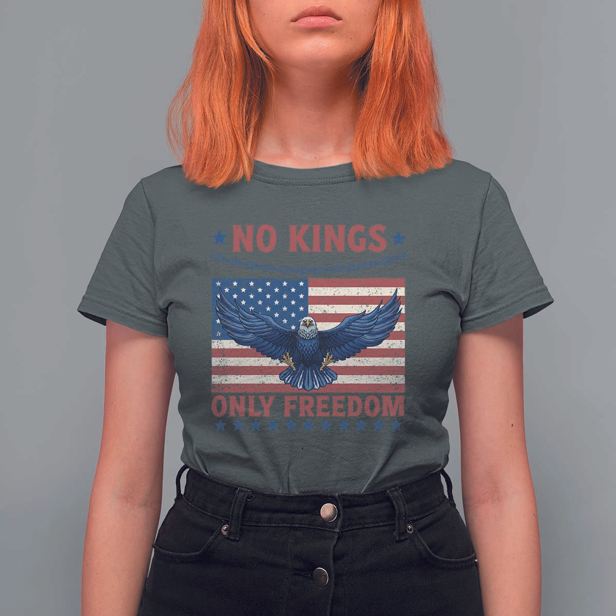 No Kings Only Freedom T Shirt For Women American Flag Bald Eagle Retro Vintage