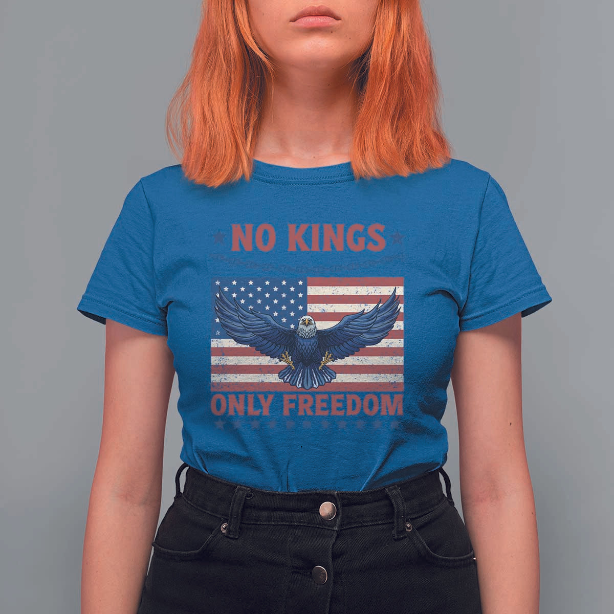 No Kings Only Freedom T Shirt For Women American Flag Bald Eagle Retro Vintage
