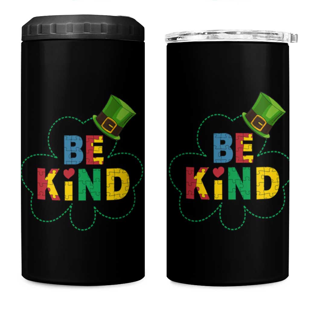 Lucky Shamrock Be Kind 4 in 1 Can Cooler Tumbler Autism Leprechaun St Patricks Day