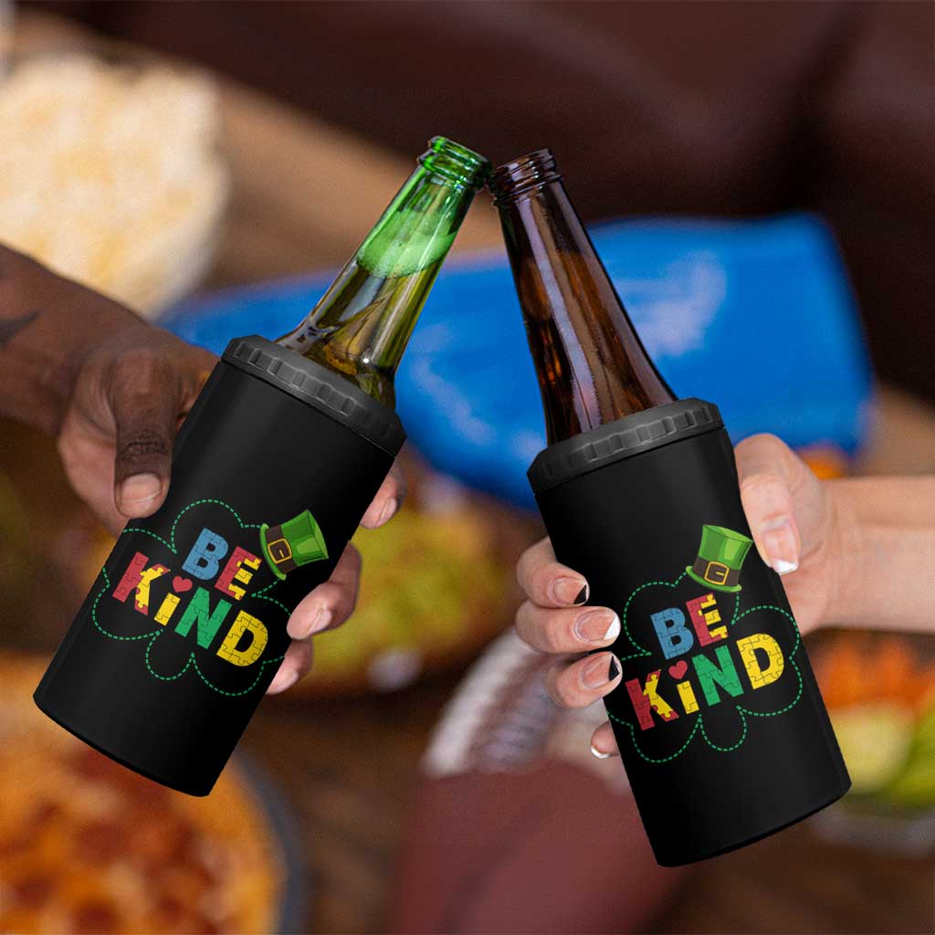 Lucky Shamrock Be Kind 4 in 1 Can Cooler Tumbler Autism Leprechaun St Patricks Day