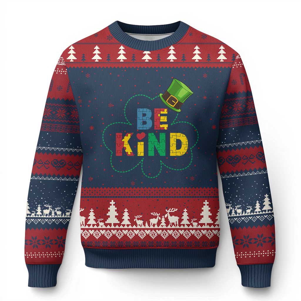 Lucky Shamrock Be Kind Ugly Christmas Sweater Autism Leprechaun St Patricks Day - Wonder Print Shop