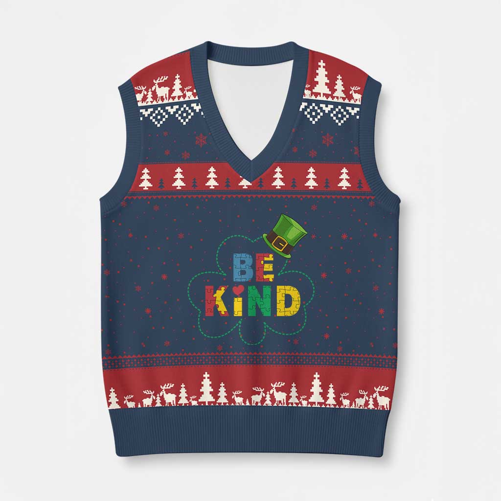 Lucky Shamrock Be Kind V-Neck Knit Sweater Vest Autism Leprechaun St Patricks Day - Wonder Print Shop