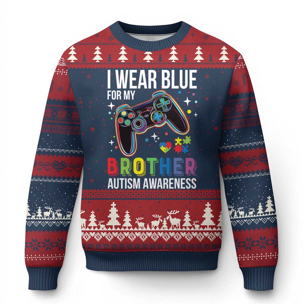 Autism Awareness Gamer Ugly Christmas Sweater I Wear Blue for My Brother Video Game Family Support - Wonder Print Shop