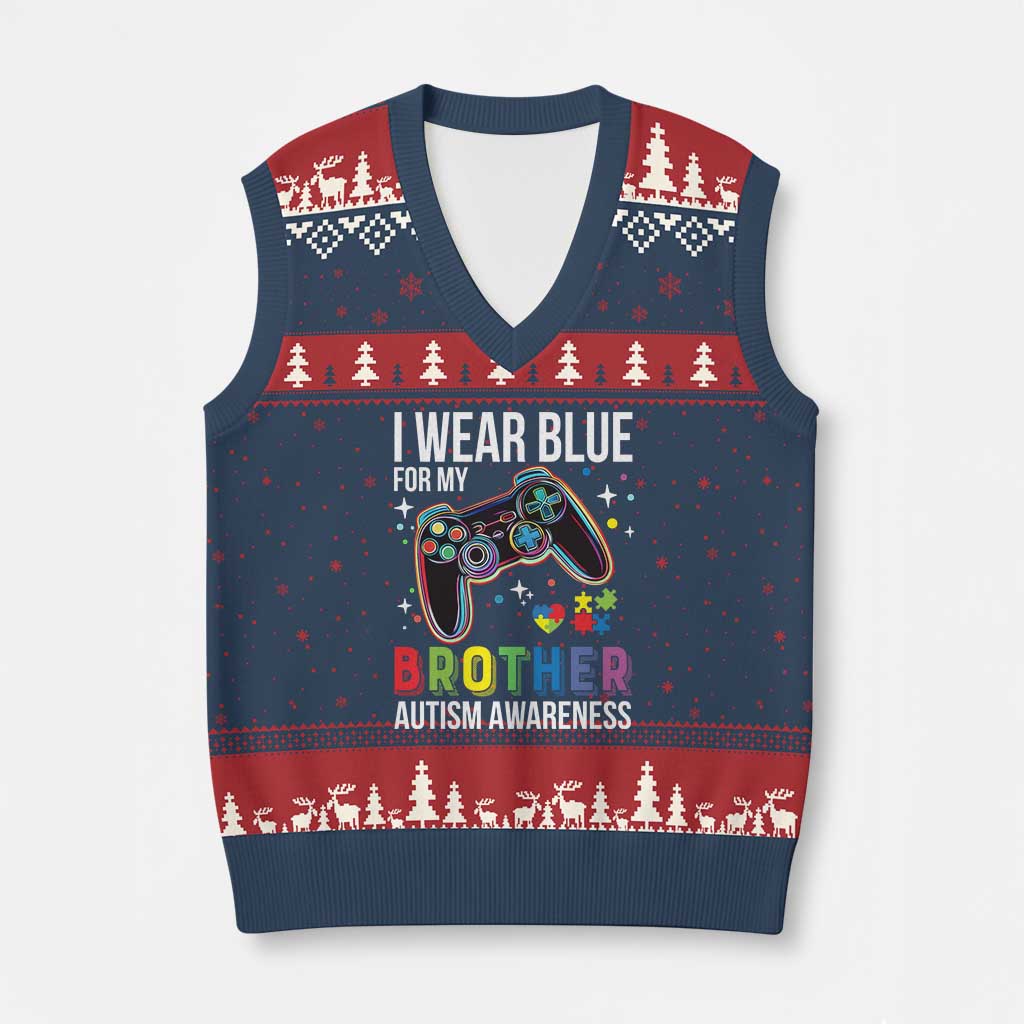 Autism Awareness Gamer V-Neck Knit Sweater Vest I Wear Blue for My Brother Video Game Family Support - Wonder Print Shop