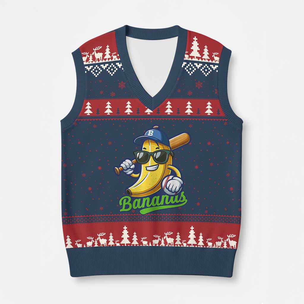 Cute Banana Graphics V-Neck Knit Sweater Vest Funny Sports Baseball Lover - Wonder Print Shop