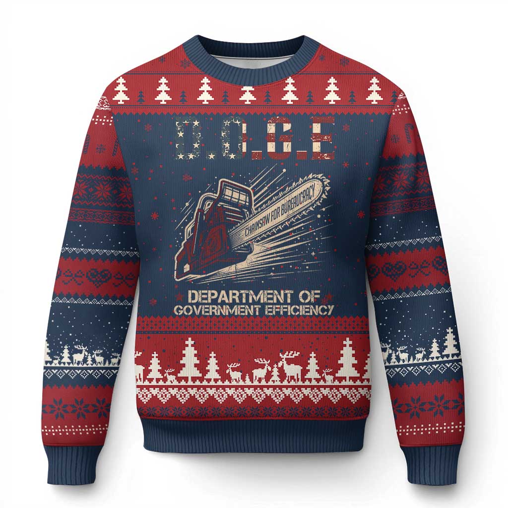 Chainsaw For Bureaucracy Ugly Christmas Sweater Funny DOGE USA Flag - Wonder Print Shop