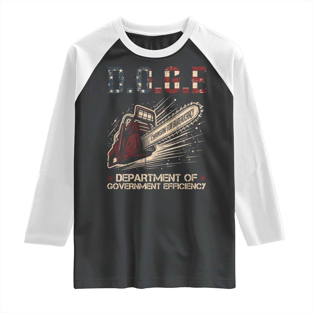 Chainsaw For Bureaucracy Raglan Shirt Funny DOGE USA Flag