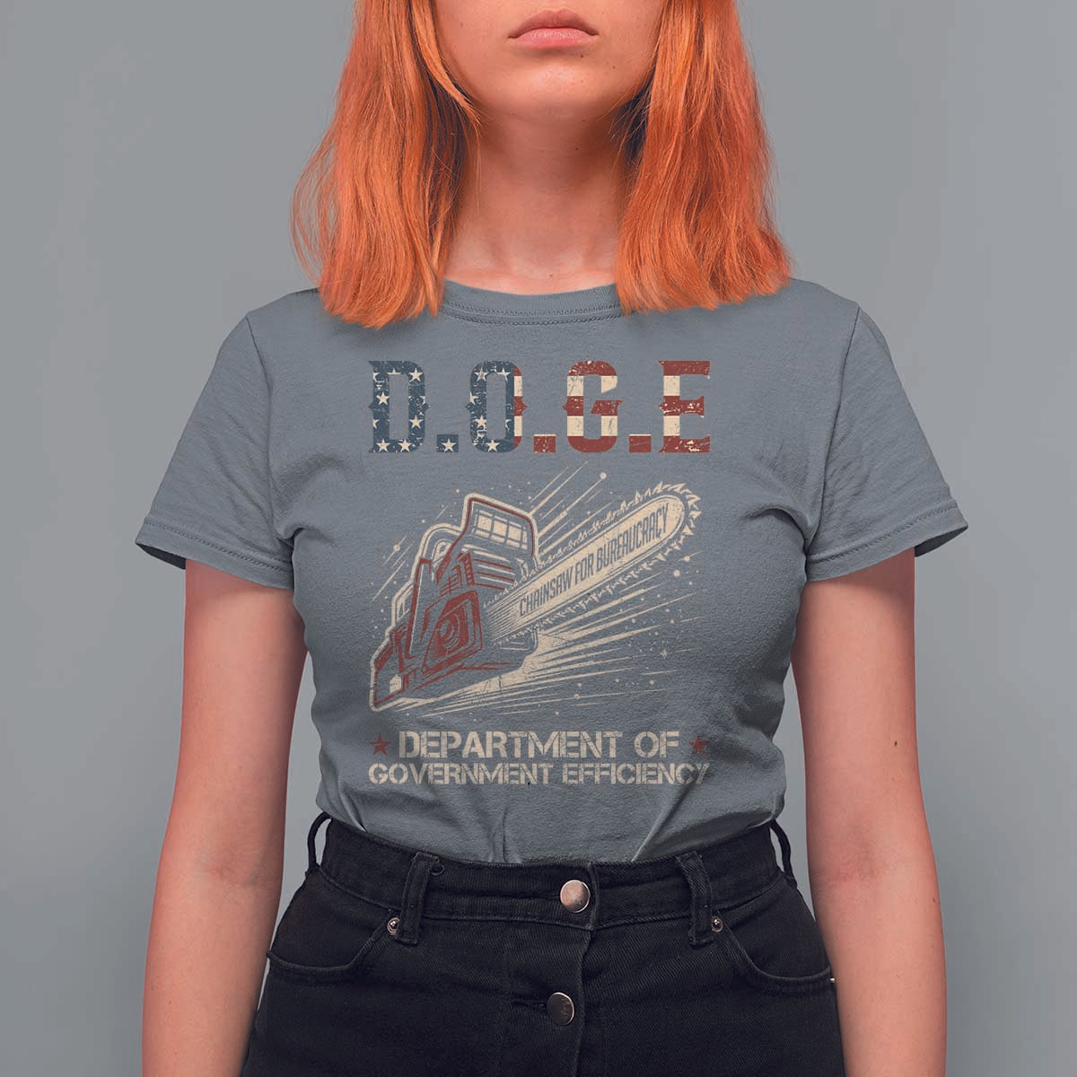 Chainsaw For Bureaucracy T Shirt For Women Funny DOGE USA Flag
