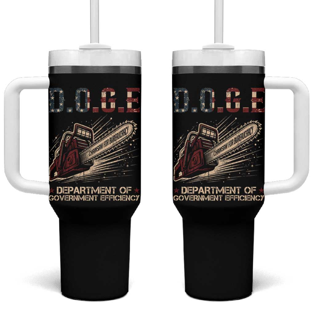 Chainsaw For Bureaucracy Tumbler With Handle Funny DOGE USA Flag